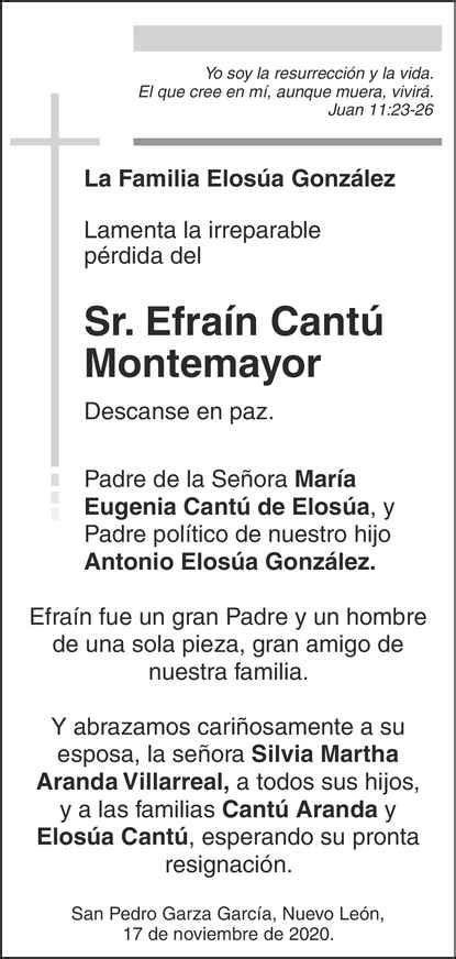 Señor Efraín Cantú Montemayor Obituario Esquela